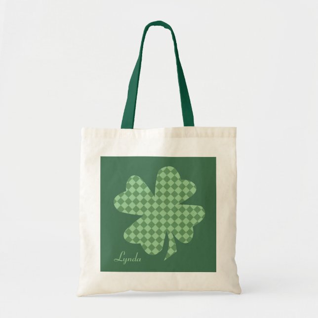 Green Checks Shamrock Personalised Tote Bag (Front)