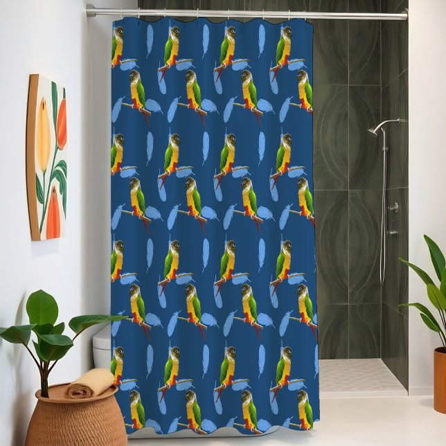 Green Cheeked Conure Vibrant Parrot Feathers Blue Shower Curtain (Vibrant pop art shower curtain with playful green cheeked conures and bold blue feathers.)