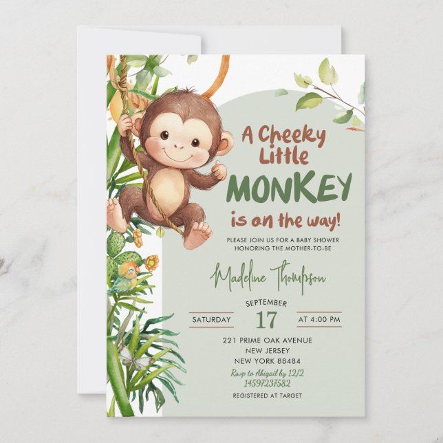 Green Cheeky Little Monkey on the way Baby Shower Invitation (Front)