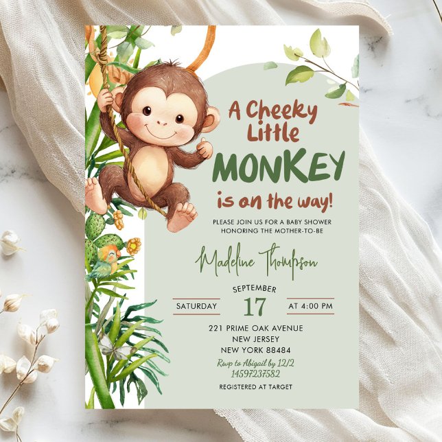 Green Cheeky Little Monkey on the way Baby Shower Invitation (Creator Uploaded)