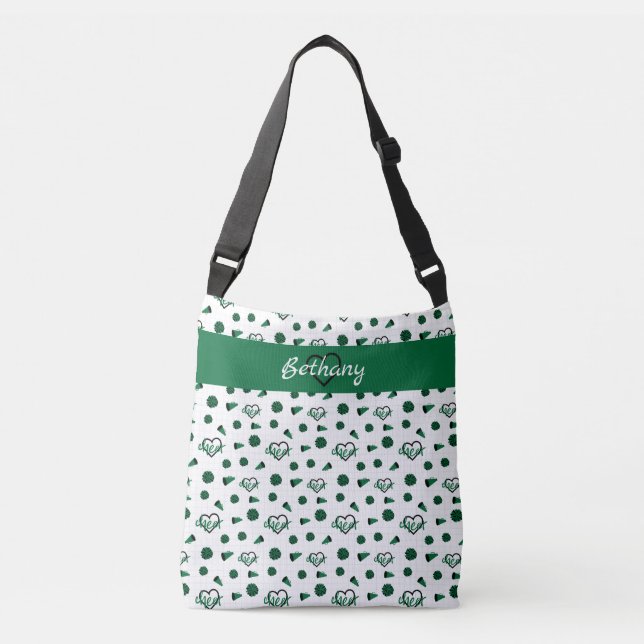 Green Cheer Hearts, Pom Poms, Megaphone Pattern Crossbody Bag (Front)