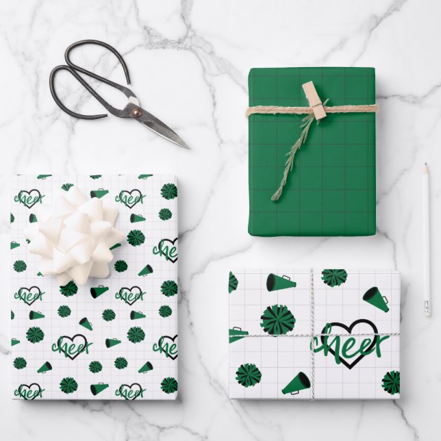 Green Cheer Hearts, Pom Poms, Megaphone Pattern Wrapping Paper Sheet (Front)