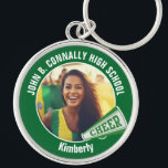 Green Cheerleader Photo High School Spirit Key Ring<br><div class="desc">This cool customised high school cheerleader photo gift features white typography of your team and player name on a green keychain with a cheer megaphone. Personalise with your student's photograph and class year as a proud cheerleading parent. A great gift for a mum or dad.</div>