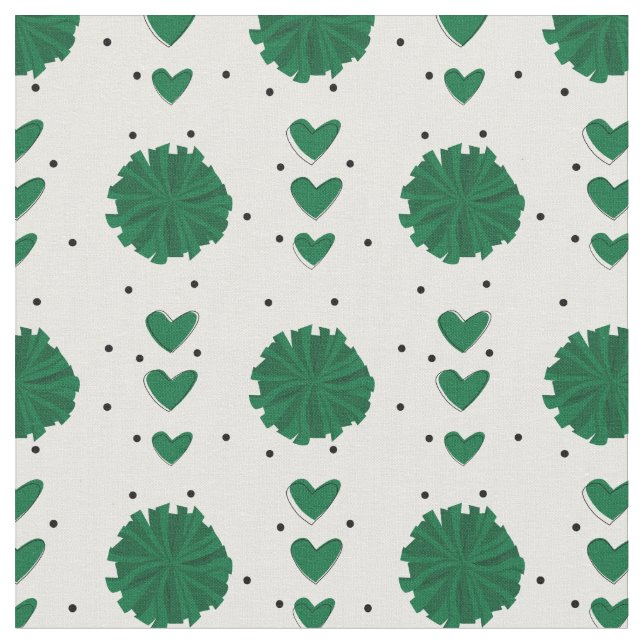 Green Cheerleader Pom Poms & Hearts Pattern Fabric (Close Up)