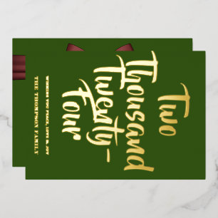 Green Cheers to 2024, red ribbon Foil Holiday Card