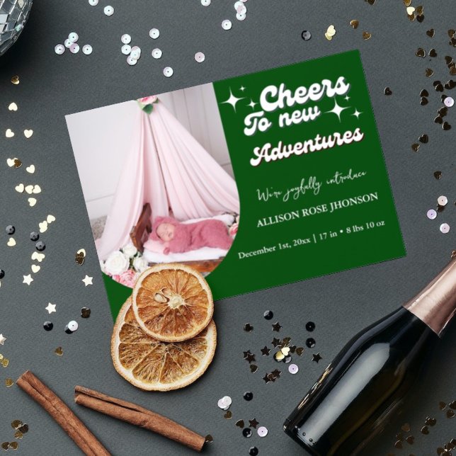 Green Cheers to new adventures christmas birth Announcement (Creator Uploaded)
