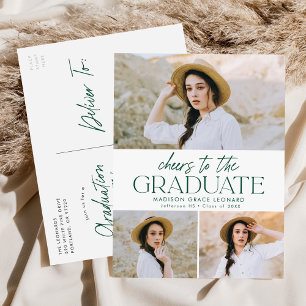 Green Cheers to the Grad 3 Photo Graduation Party Invitation Postcard