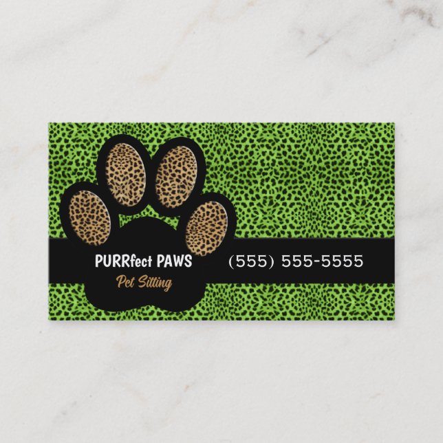 Green Cheetah Print Custom Paw Pet Sitter Business Card (Front)
