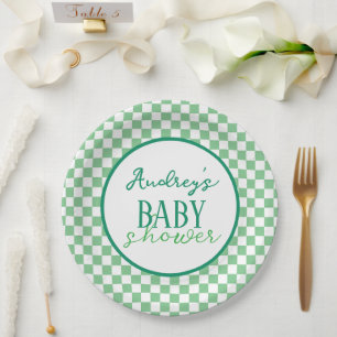Green Chequerboard Baby Shower Paper Plate