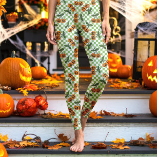 Green Chequerboard Cherry Pumpkins Pattern Leggings