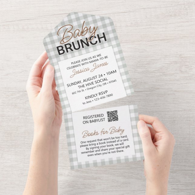 Green Chequered Baby Brunch Invite with Book Card (Tearaway)