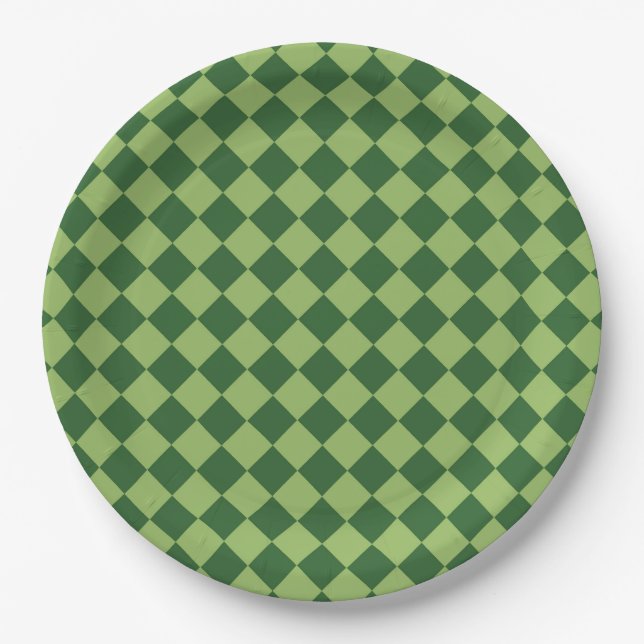 Green Chequered Diamond Pattern Paper Plate (Front)