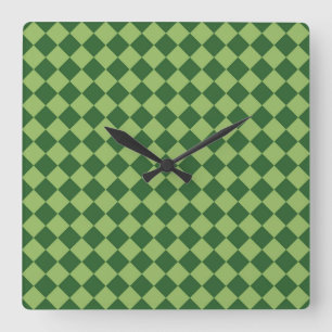 Green Chequered Diamond Pattern Square Wall Clock