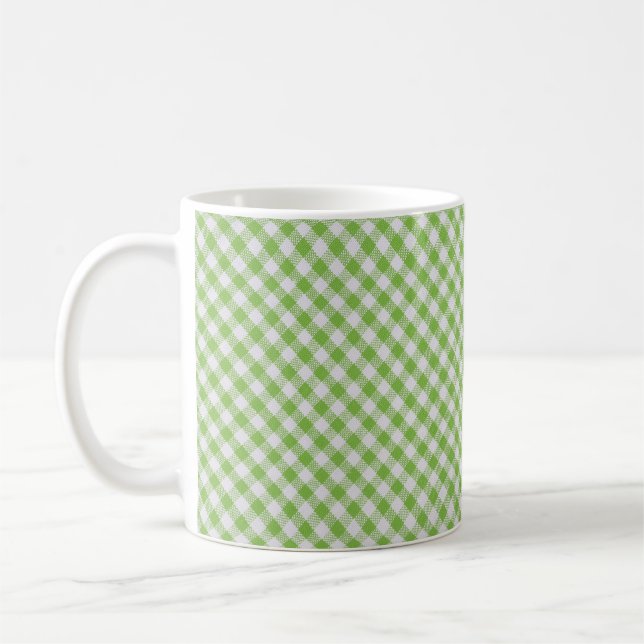 Green chequered fabric: closeup texture. coffee mug (Left)