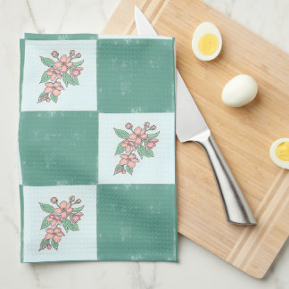 Green-Chequered Floral Kitchen Tea Towel
