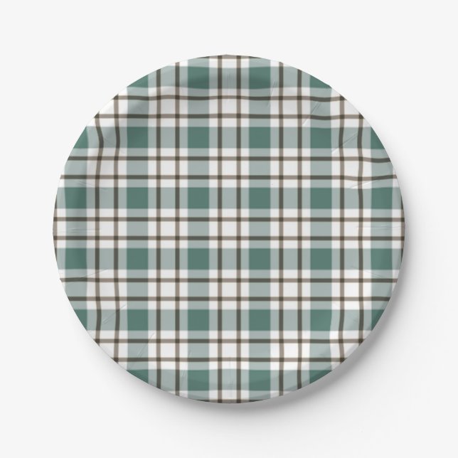 green chequered light tartan pattern paper plate (Front)