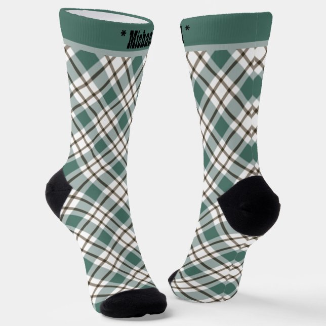 green chequered light tartan pattern socks (Angled)