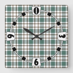green chequered light tartan pattern square wall clock