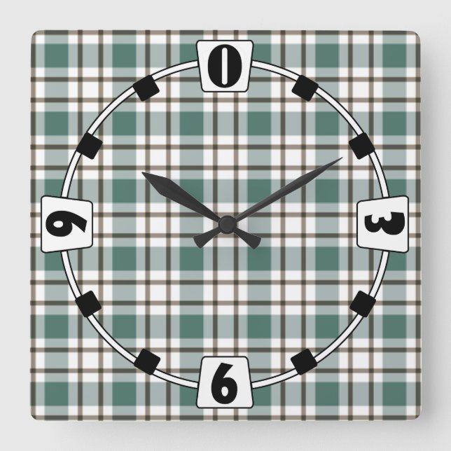 green chequered light tartan pattern square wall clock (Front)
