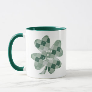 Green Chequered Lucky Clover with Couple Names Mug