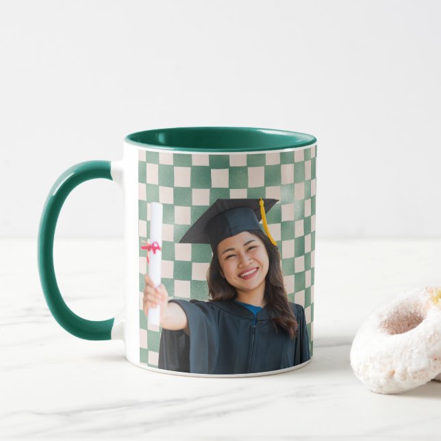 Green Chequered Personalised Portrait Graduation Mug (With Donut)