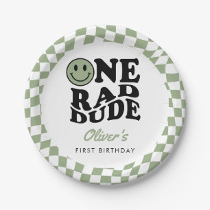 Green Chequered Smile One Rad Dude 1st Birthday Paper Plate