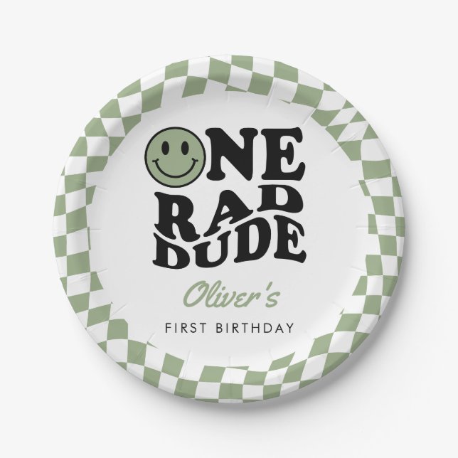 Green Chequered Smile One Rad Dude 1st Birthday Paper Plate (Front)