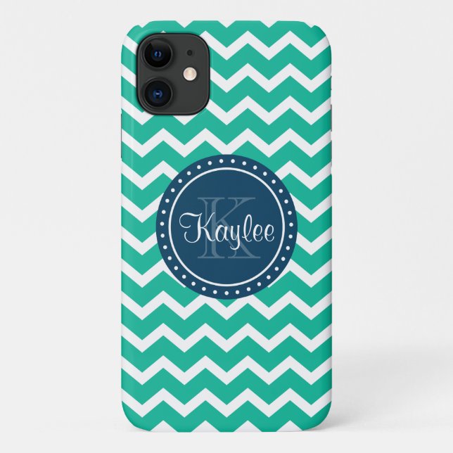 Green Chevron Blue Monogram Case-Mate iPhone Case (Back)