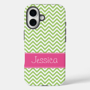 Green Chevron Chic Pink Personalised iPhone 16 Case