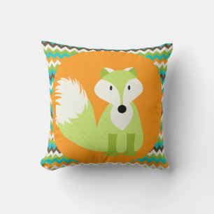 Green Chevron Fox on Orange Throw Pillow