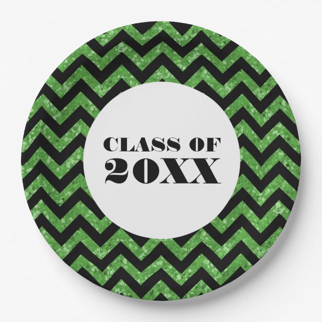 Green Chevron Glitter Graduation Paper Plates (Front)