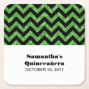 Green Chevron Glitter Quinceañera Coasters