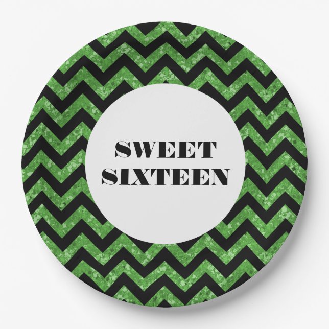 Green Chevron Glitter Sweet 16 Paper Plates (Front)