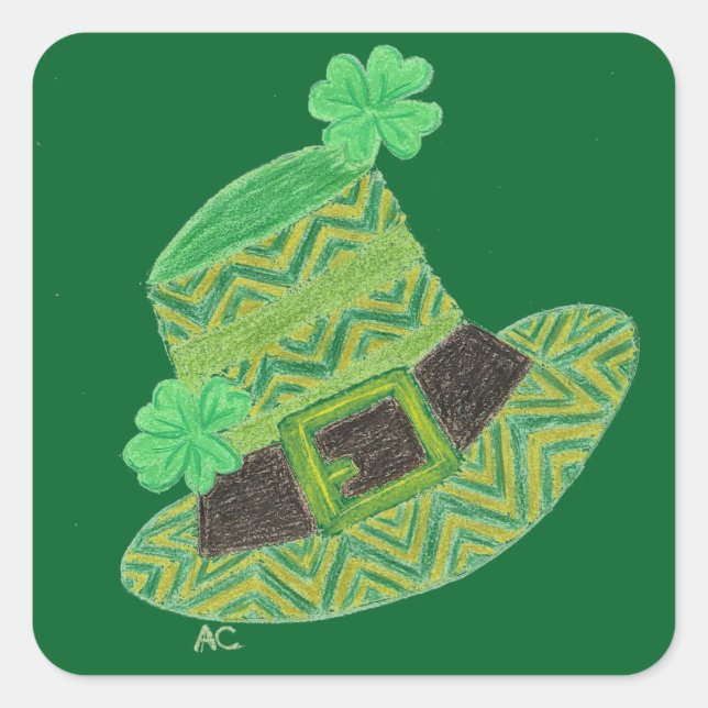 Green chevron leprechaun's hat kid square stickers (Front)