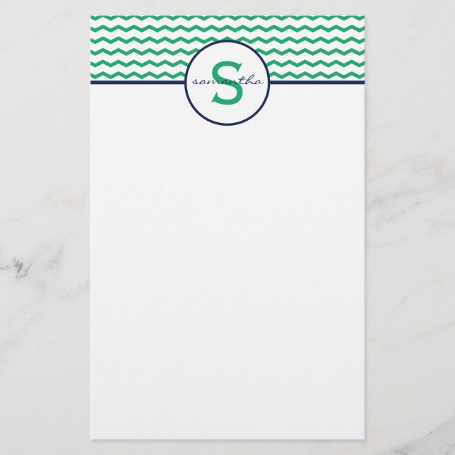 Green Chevron Monogram Stationery (Front)