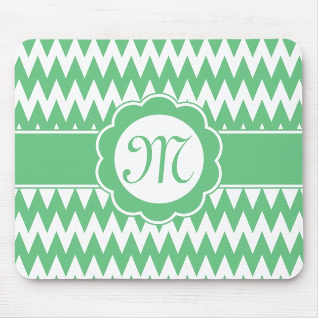Green Chevron Pattern & Monogram Flower Mouse Pad (Front)