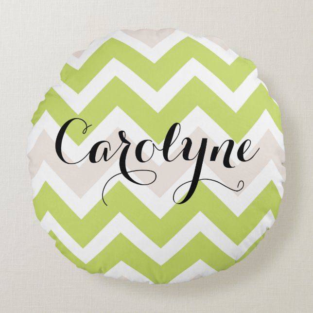 Green Chevron | Personalised Round Pillow (Front)