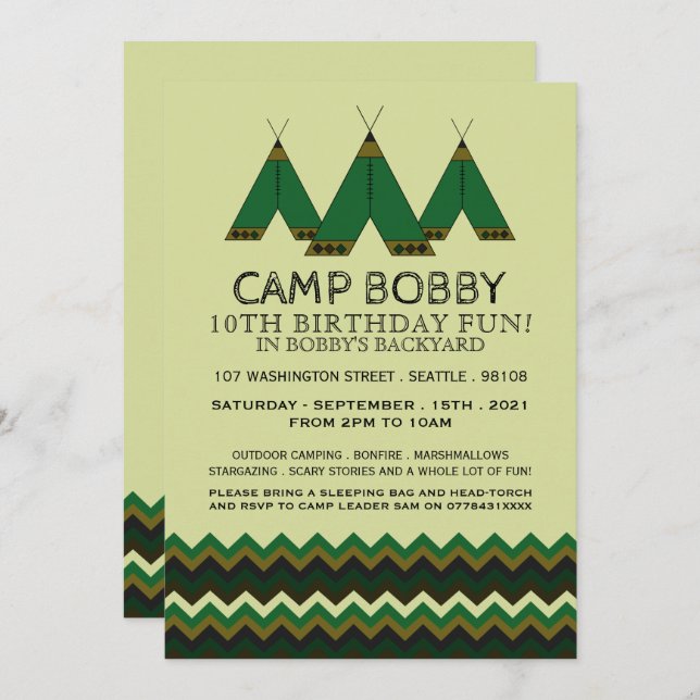 Green Chevron Tipi, Camping Birthday Invitation (Front/Back)