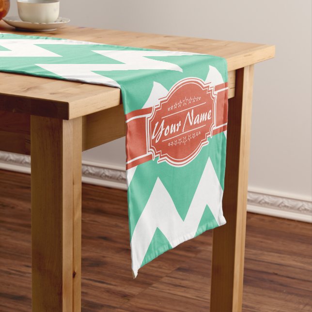 Green Chevron with rusty Orange Custom Name Short Table Runner (In Situ)