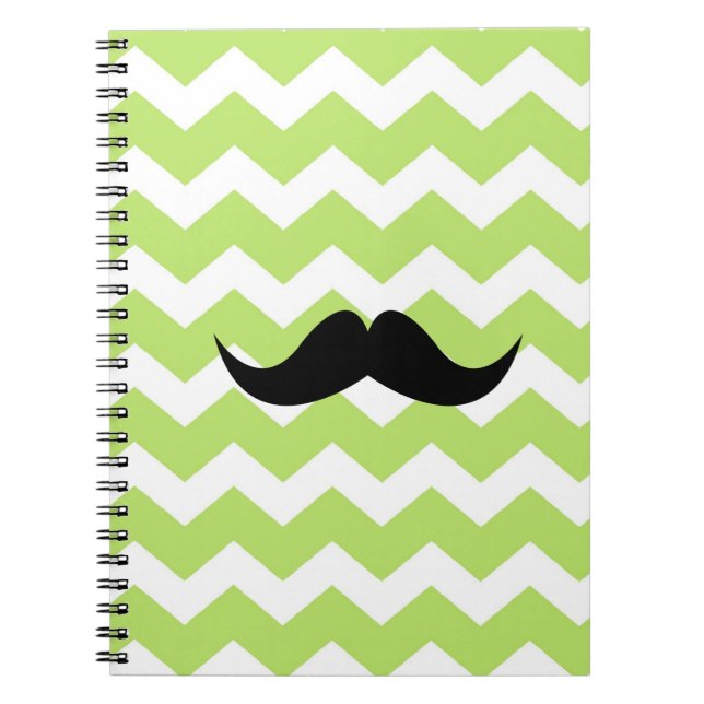Green chevron zigzag pattern black moustache chic notebook (Front)