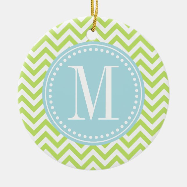 Green Chevron Zigzag Personalised Monogram Ceramic Ornament (Front)