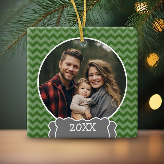 Green chevrons photo frame with year ceramic tree decoration (Personalized Photo Ornament - Christmas Keepsake)