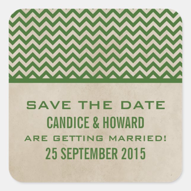 Green Chic Chevron Save the Date Stickers (Front)