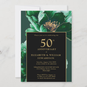 Green Chic Floral Black And Gold 50th Anniversary Invitation