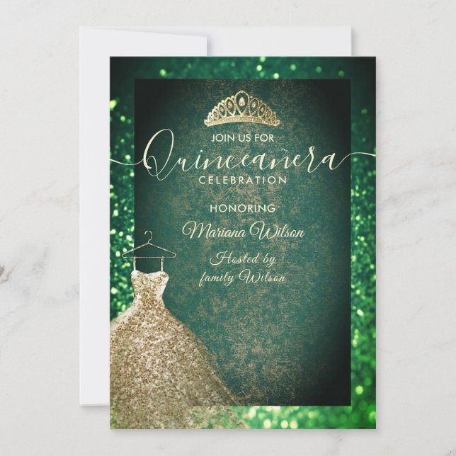 Green chic Gold sequins dress tiara Quinceañera  I Invitation (Front)