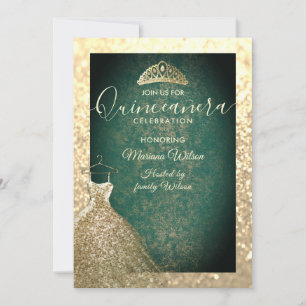 Green chic Gold sequins dress tiara Quinceañera  I Invitation