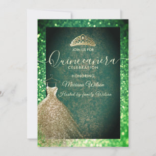 Green chic Gold sequins dress tiara Quinceañera  Invitation