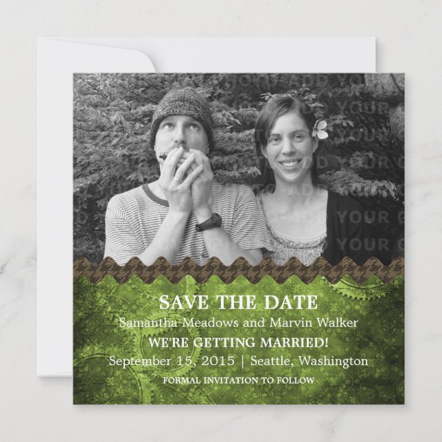 Green Chic Steampunk Photo Save the Date Invite (Front)