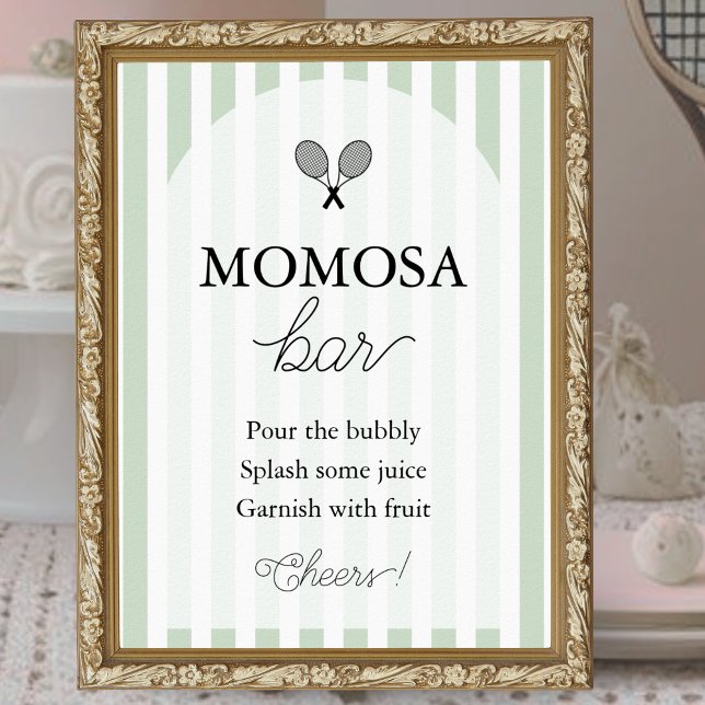 Green Chic Tennis Baby Shower Momosa Bar Sign (elegant green and white striped momosa bar baby shower sign displayed in gold frame with arch design)