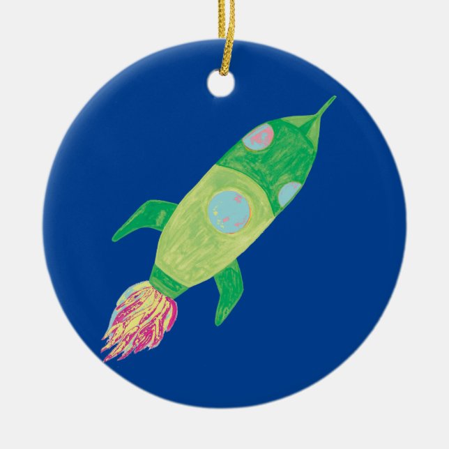 Green Childish Space Rocket  Ceramic Ornament (Front)